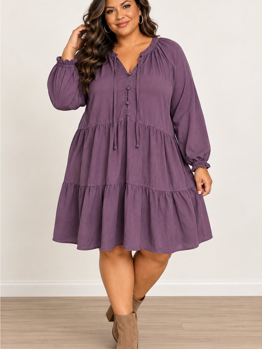 Terra & Sky 2X Purple Tiered Boho Peasant Dress Long Slee